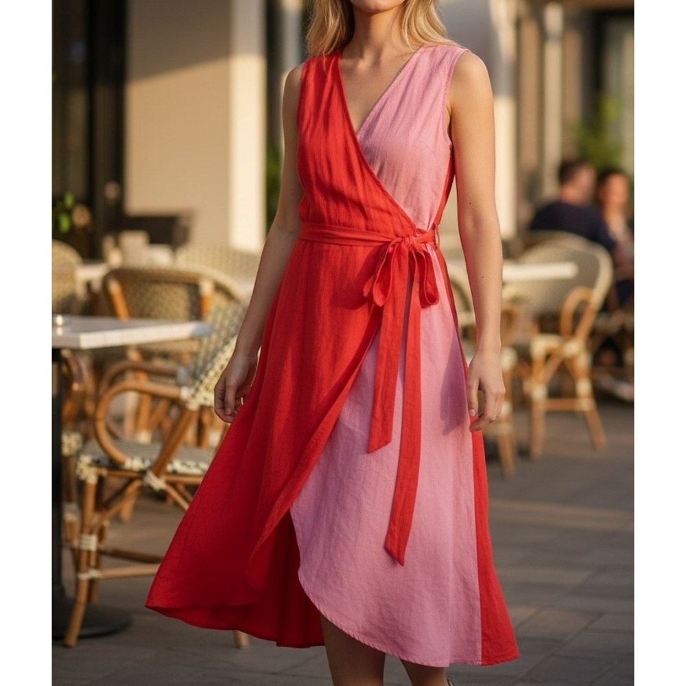 NWT Never Fully Dressed Red Pink Sleeveless Linen Wrap Dress Size M Resortwear